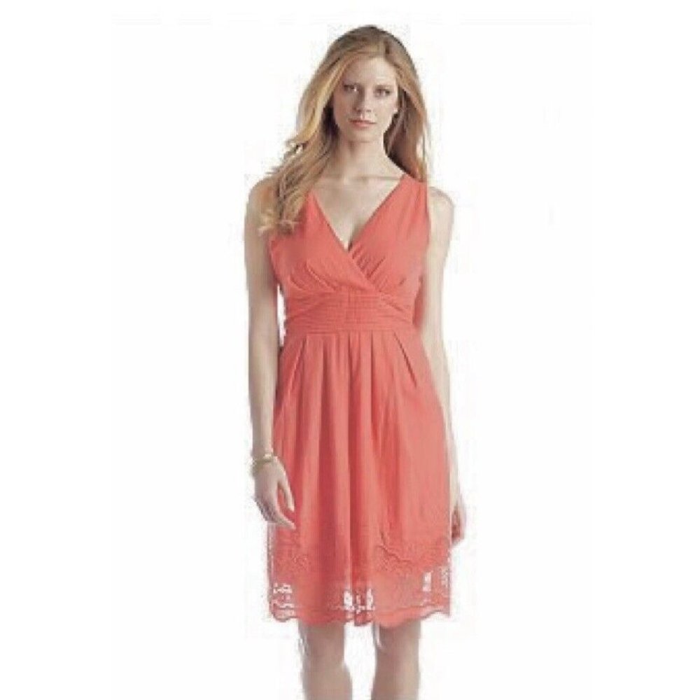Corey P Dress Womens Size 6 Coral Salmon Pink Floral Embroidered Hem Back Bow